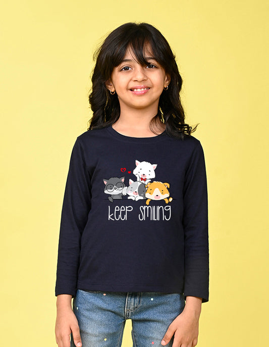 NUSYL Cotton blend full sleeves keep smiling text Printed Tee-Navy Blue