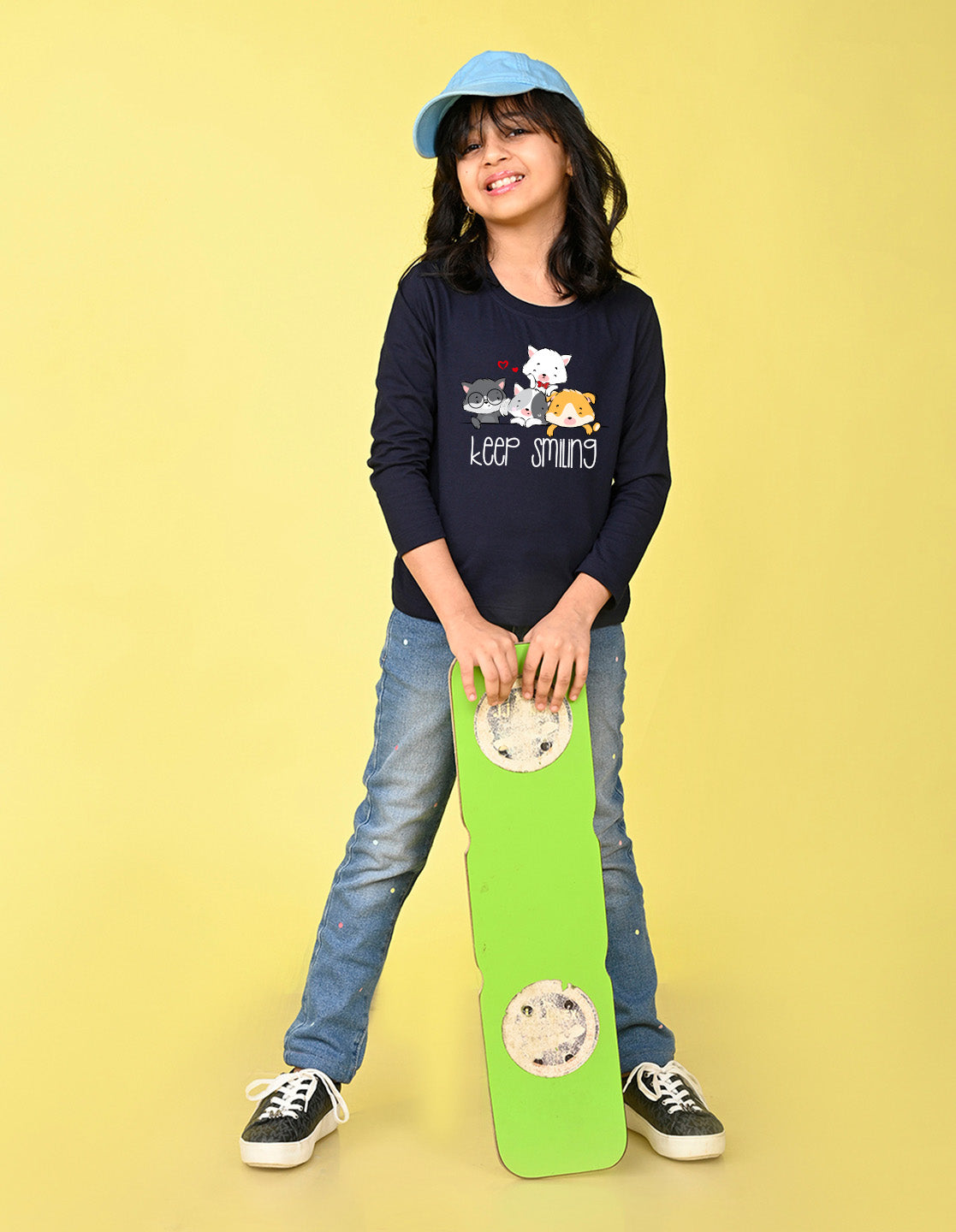 NUSYL Cotton blend full sleeves keep smiling text Printed Tee-Navy Blue