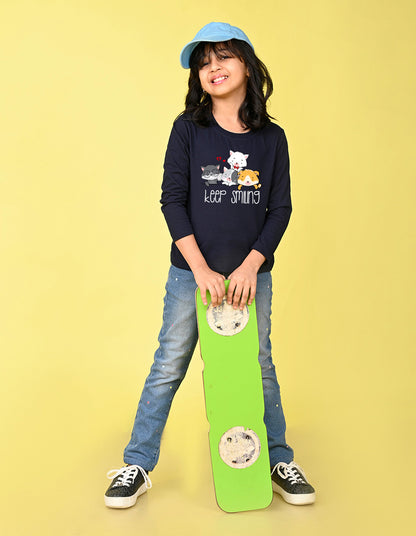 NUSYL Cotton blend full sleeves keep smiling text Printed Tee-Navy Blue
