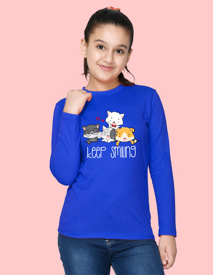 NUSYL Cotton blend full sleeves keep smiling text Printed Tee-Royal Blue
