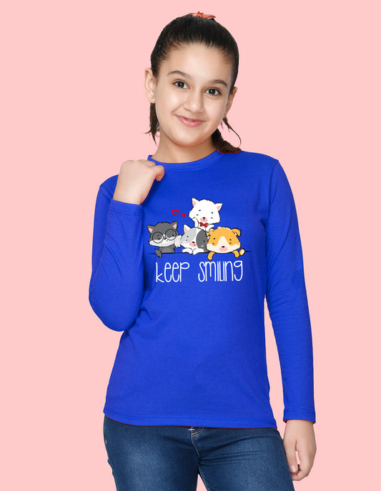 NUSYL Cotton blend full sleeves keep smiling text Printed Tee-Royal Blue