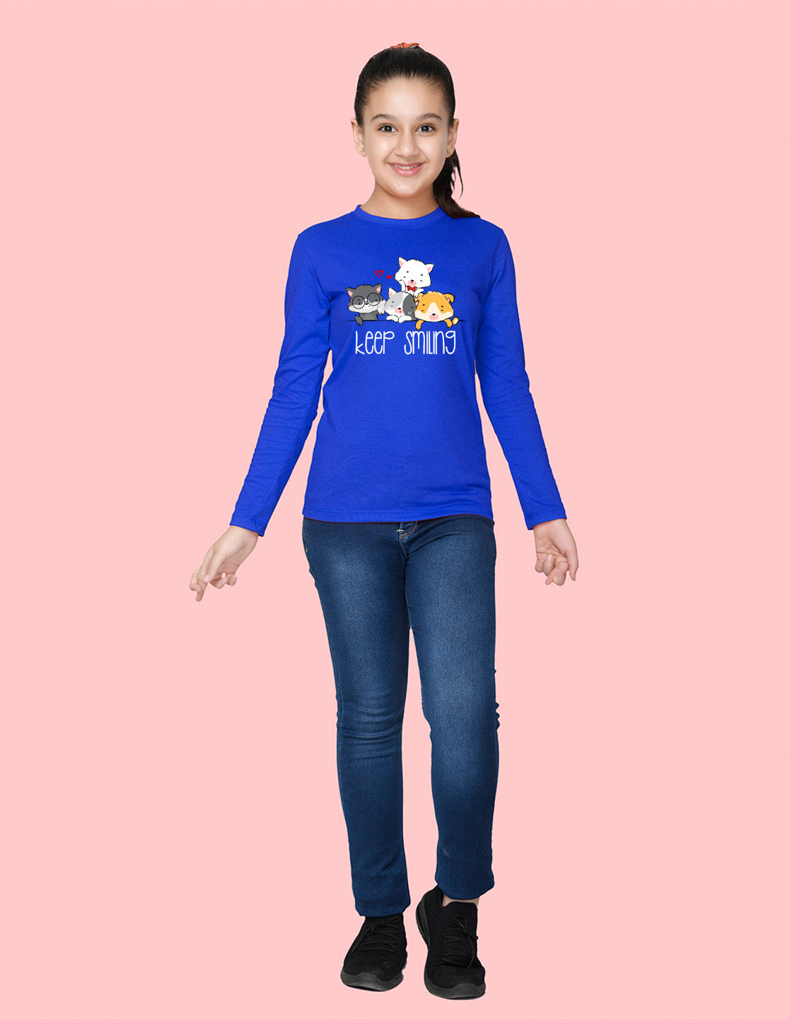 NUSYL Cotton blend full sleeves keep smiling text Printed Tee-Royal Blue