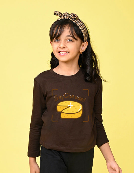 NUSYL Cotton blend full sleeves Say Cheese text Printed Tee-Brown
