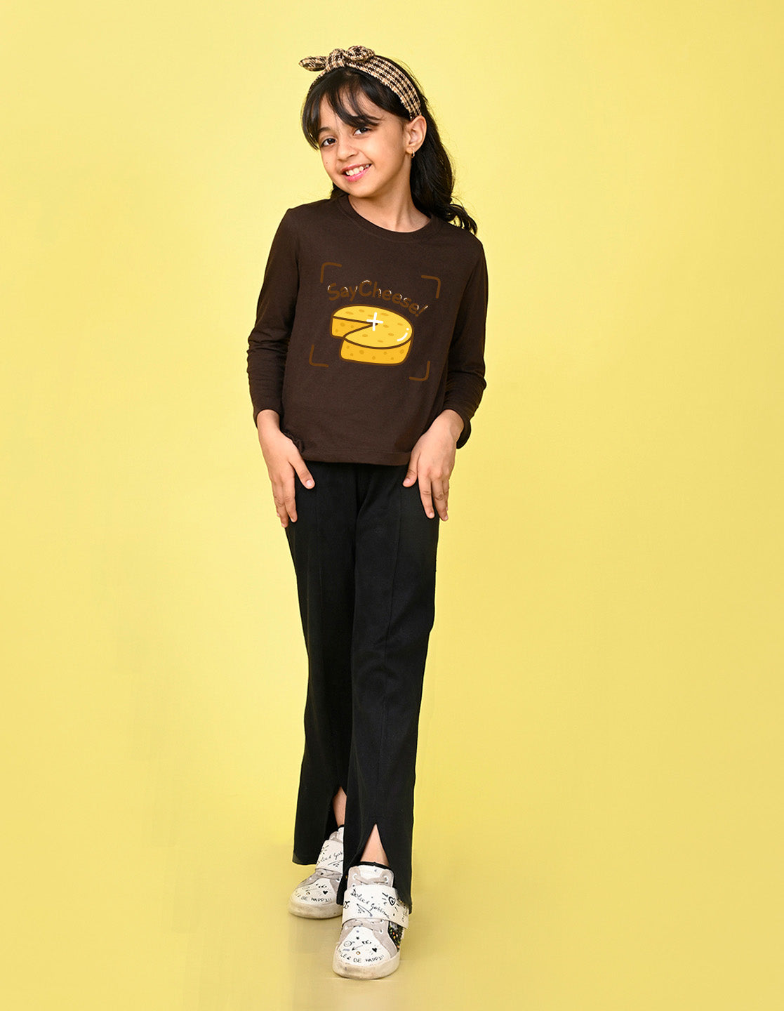 NUSYL Cotton blend full sleeves Say Cheese text Printed Tee-Brown