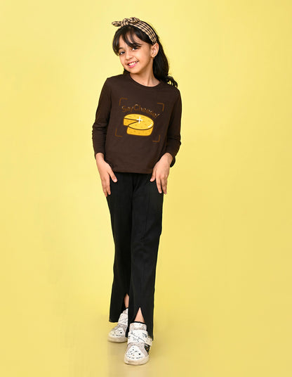 NUSYL Cotton blend full sleeves Say Cheese text Printed Tee-Brown