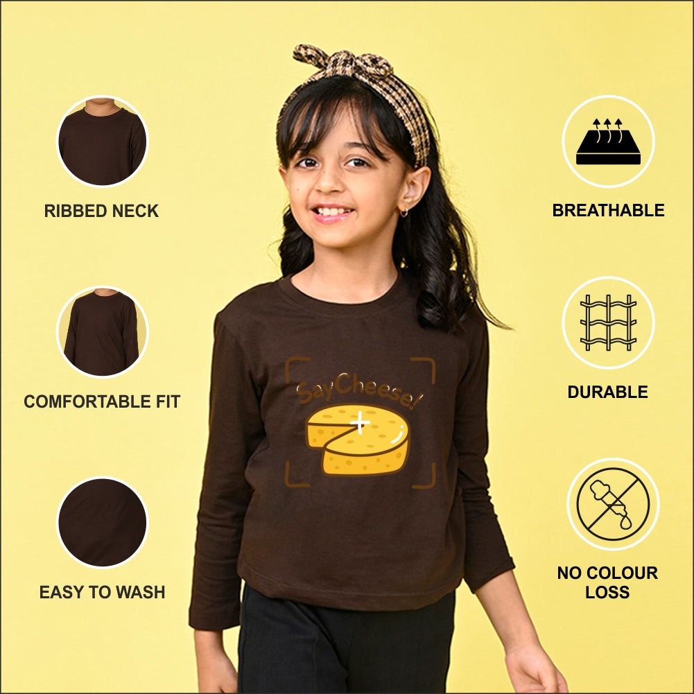 NUSYL Cotton blend full sleeves Say Cheese text Printed Tee-Brown
