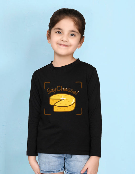 NUSYL Cotton blend full sleeves Say Cheese text Printed Tee-Black