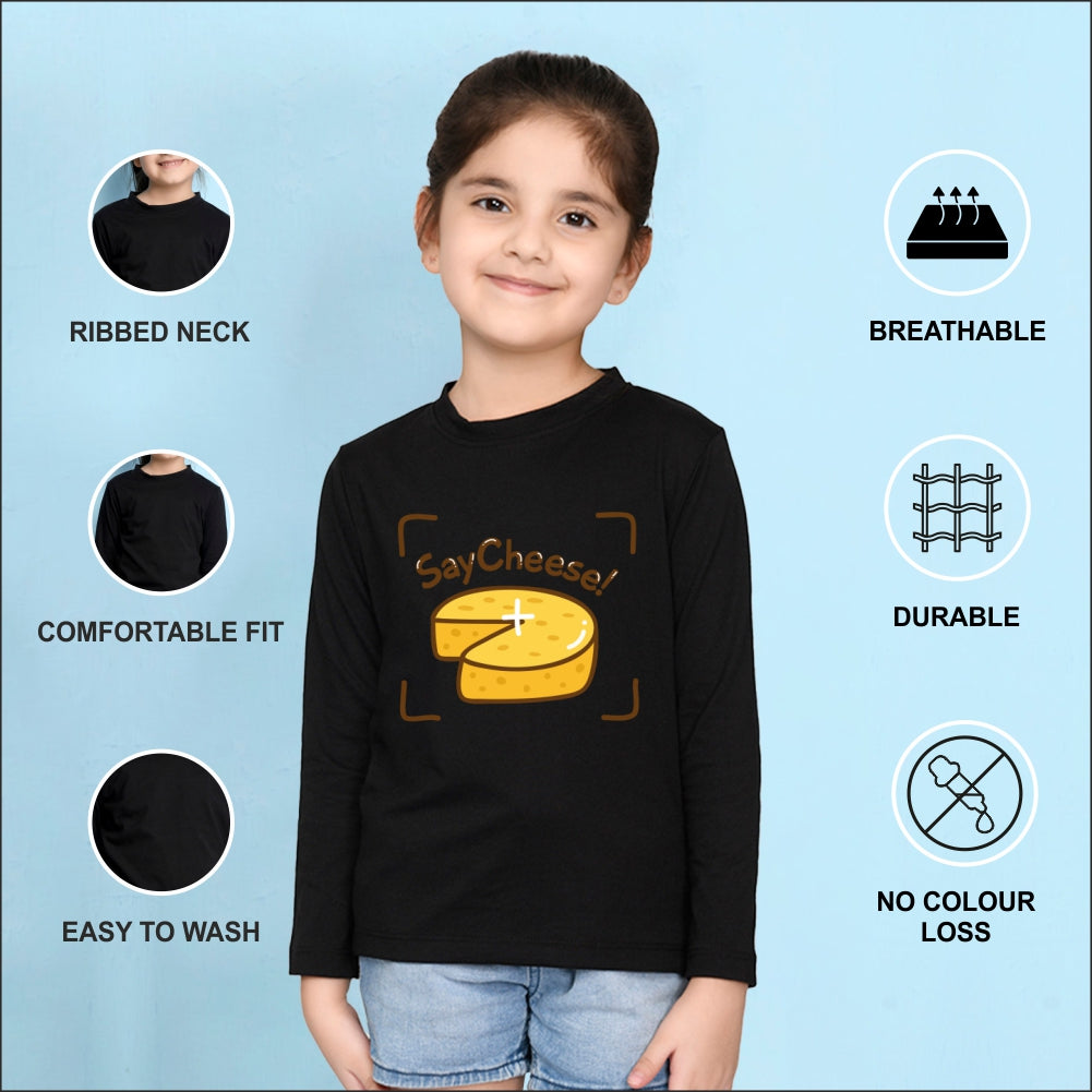 NUSYL Cotton blend full sleeves Say Cheese text Printed Tee-Black