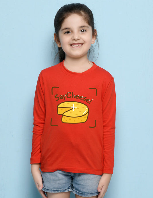 NUSYL Cotton blend full sleeves Say Cheese text Printed Tee-Red