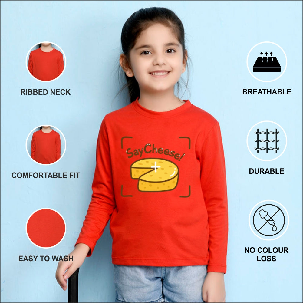 NUSYL Cotton blend full sleeves Say Cheese text Printed Tee-Red