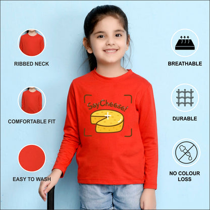 NUSYL Cotton blend full sleeves Say Cheese text Printed Tee-Red