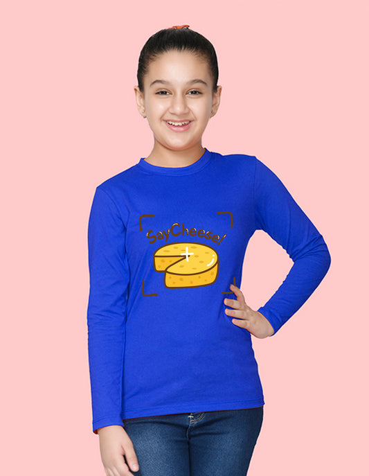 NUSYL Cotton blend full sleeves Say Cheese text Printed Tee-Royal Blue