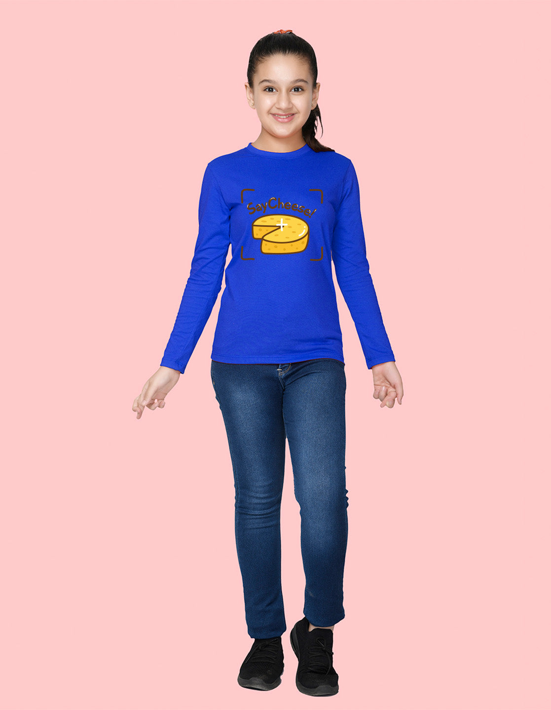 NUSYL Cotton blend full sleeves Say Cheese text Printed Tee-Royal Blue