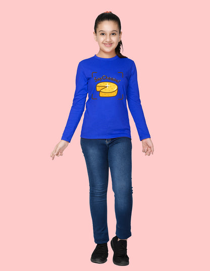 NUSYL Cotton blend full sleeves Say Cheese text Printed Tee-Royal Blue