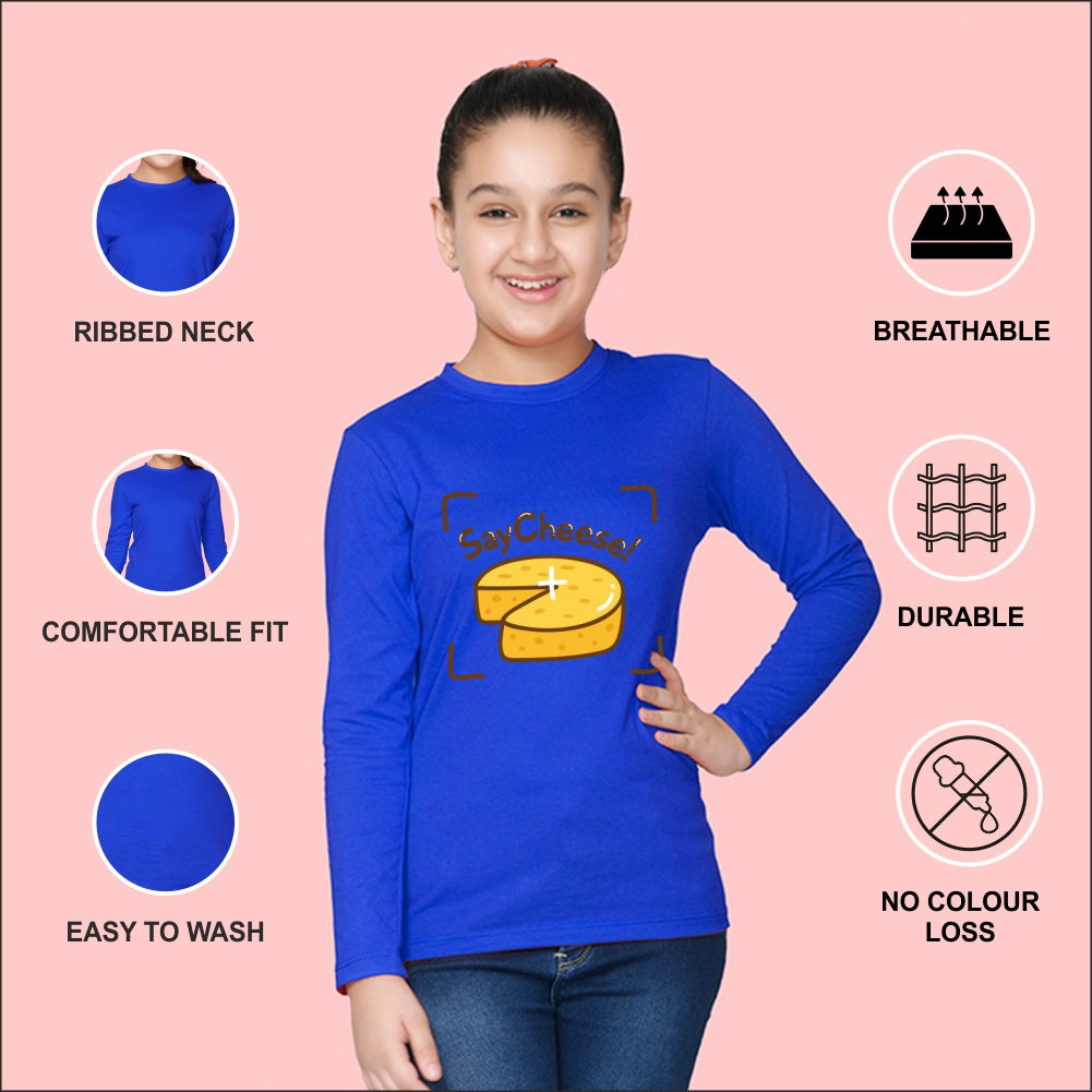 NUSYL Cotton blend full sleeves Say Cheese text Printed Tee-Royal Blue