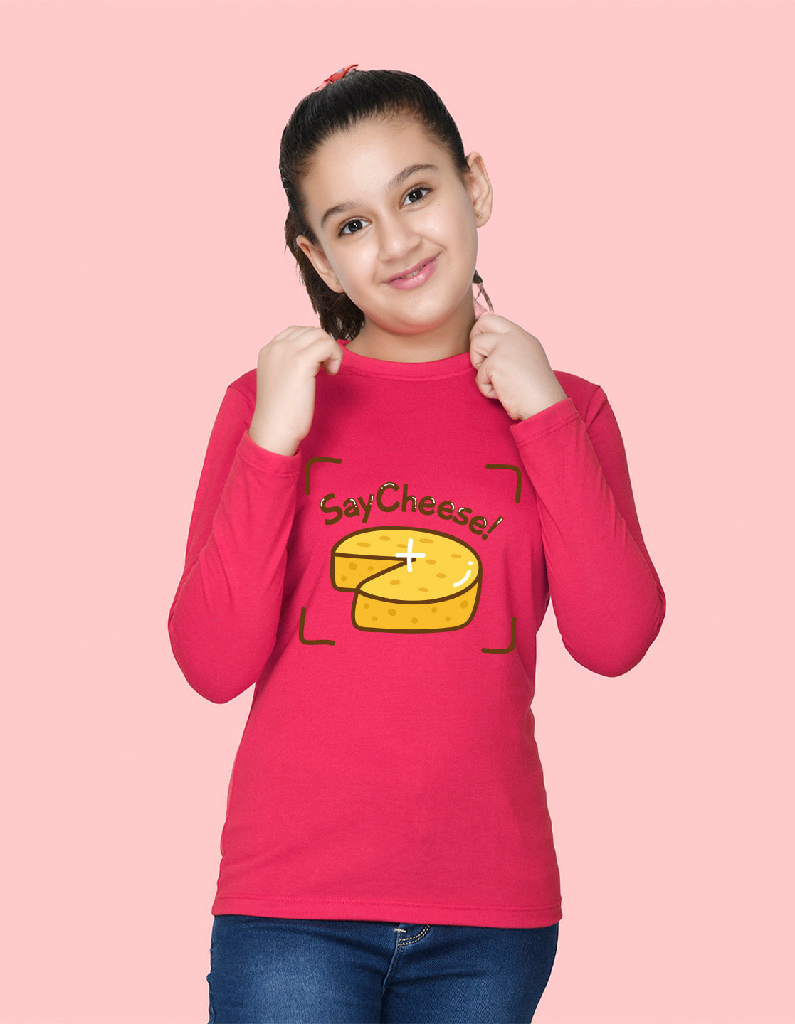 NUSYL Cotton blend full sleeves Say Cheese text Printed Tee-Hot Pink
