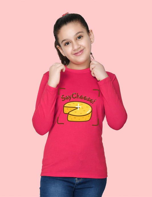 NUSYL Cotton blend full sleeves Say Cheese text Printed Tee-Hot Pink