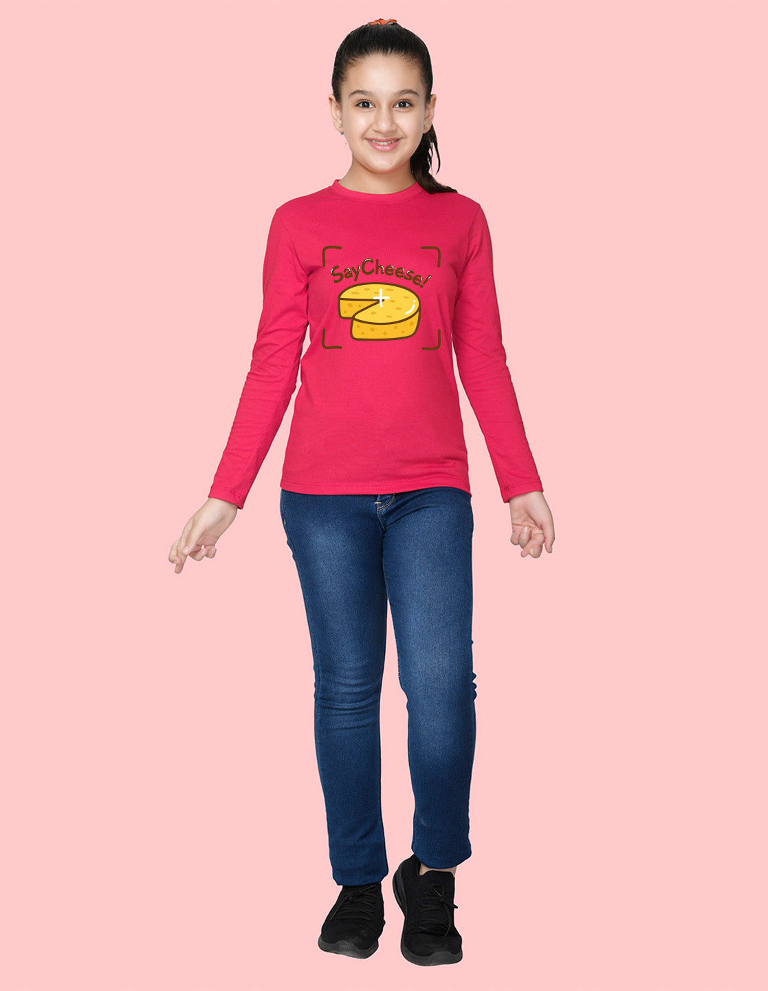 NUSYL Cotton blend full sleeves Say Cheese text Printed Tee-Hot Pink