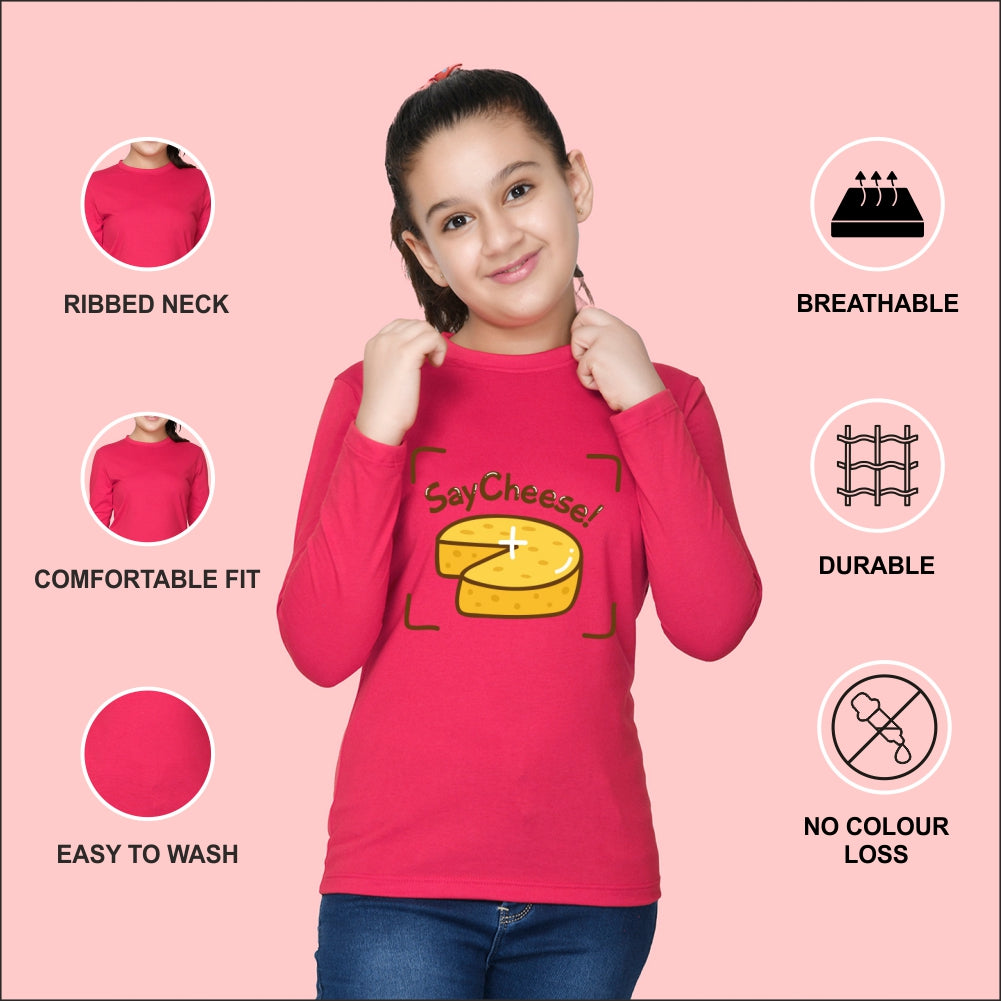 NUSYL Cotton blend full sleeves Say Cheese text Printed Tee-Hot Pink