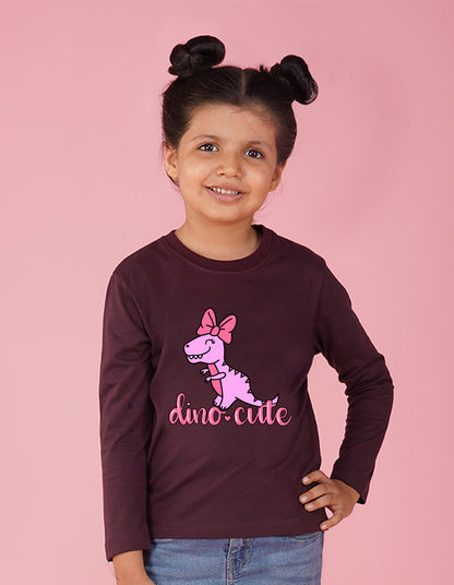 NUSYL Cotton blend full sleeves Dino cute text Printed Tee-Wine