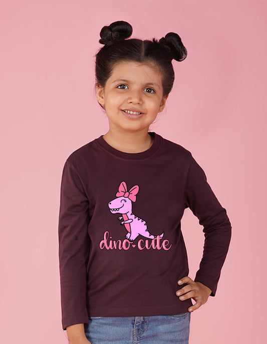 NUSYL Cotton blend full sleeves Dino cute text Printed Tee-Wine
