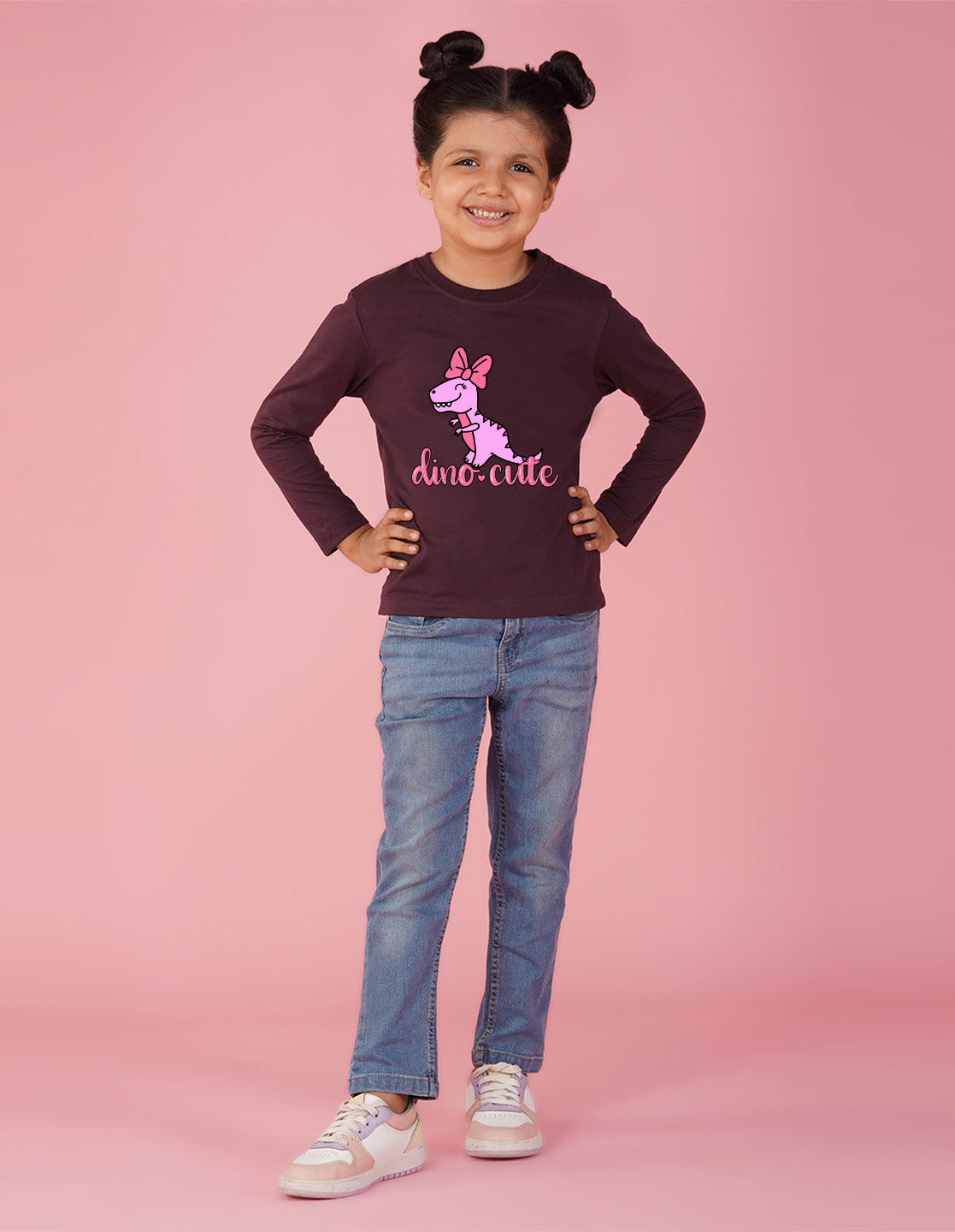 NUSYL Cotton blend full sleeves Dino cute text Printed Tee-Wine