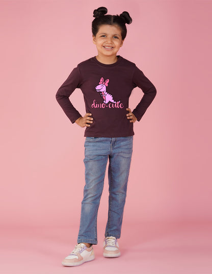 NUSYL Cotton blend full sleeves Dino cute text Printed Tee-Wine