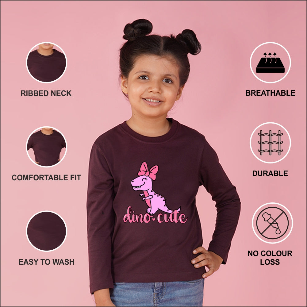 NUSYL Cotton blend full sleeves Dino cute text Printed Tee-Wine