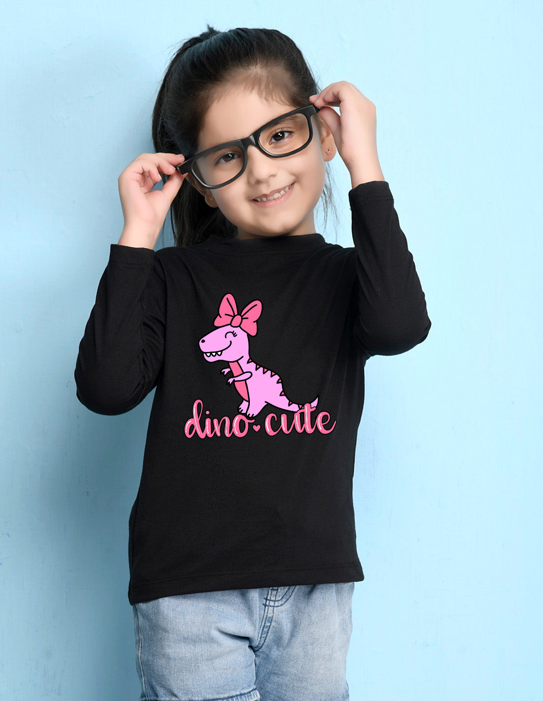 NUSYL Cotton blend full sleeves Dino cute text Printed Tee-Black