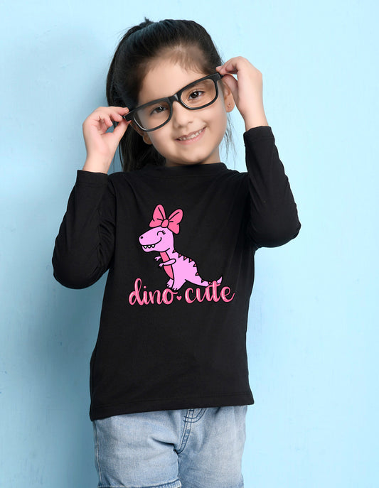 NUSYL Cotton blend full sleeves Dino cute text Printed Tee-Black