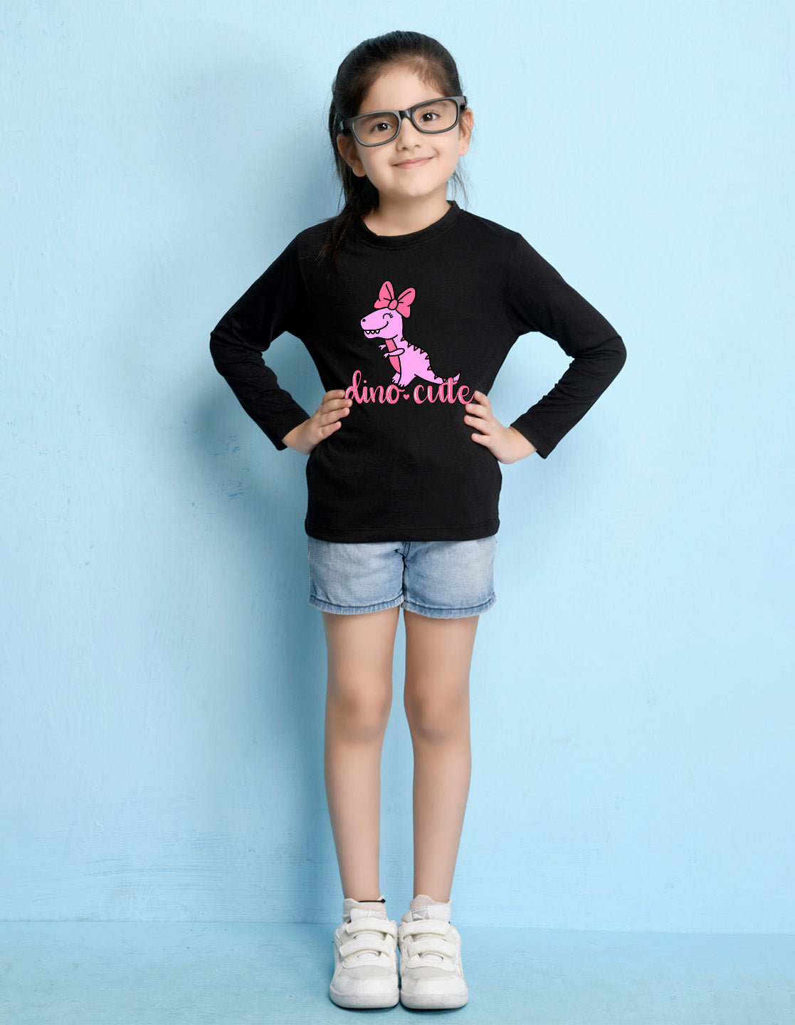 NUSYL Cotton blend full sleeves Dino cute text Printed Tee-Black