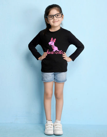 NUSYL Cotton blend full sleeves Dino cute text Printed Tee-Black