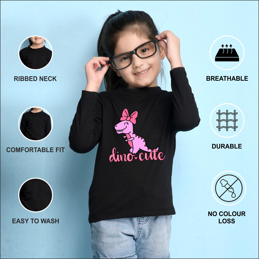 NUSYL Cotton blend full sleeves Dino cute text Printed Tee-Black