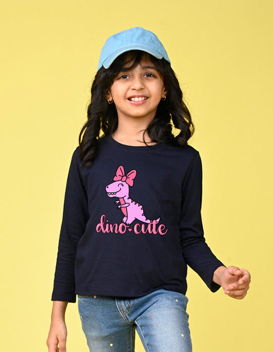 NUSYL Cotton blend full sleeves Dino cute text Printed Tee-Navy Blue