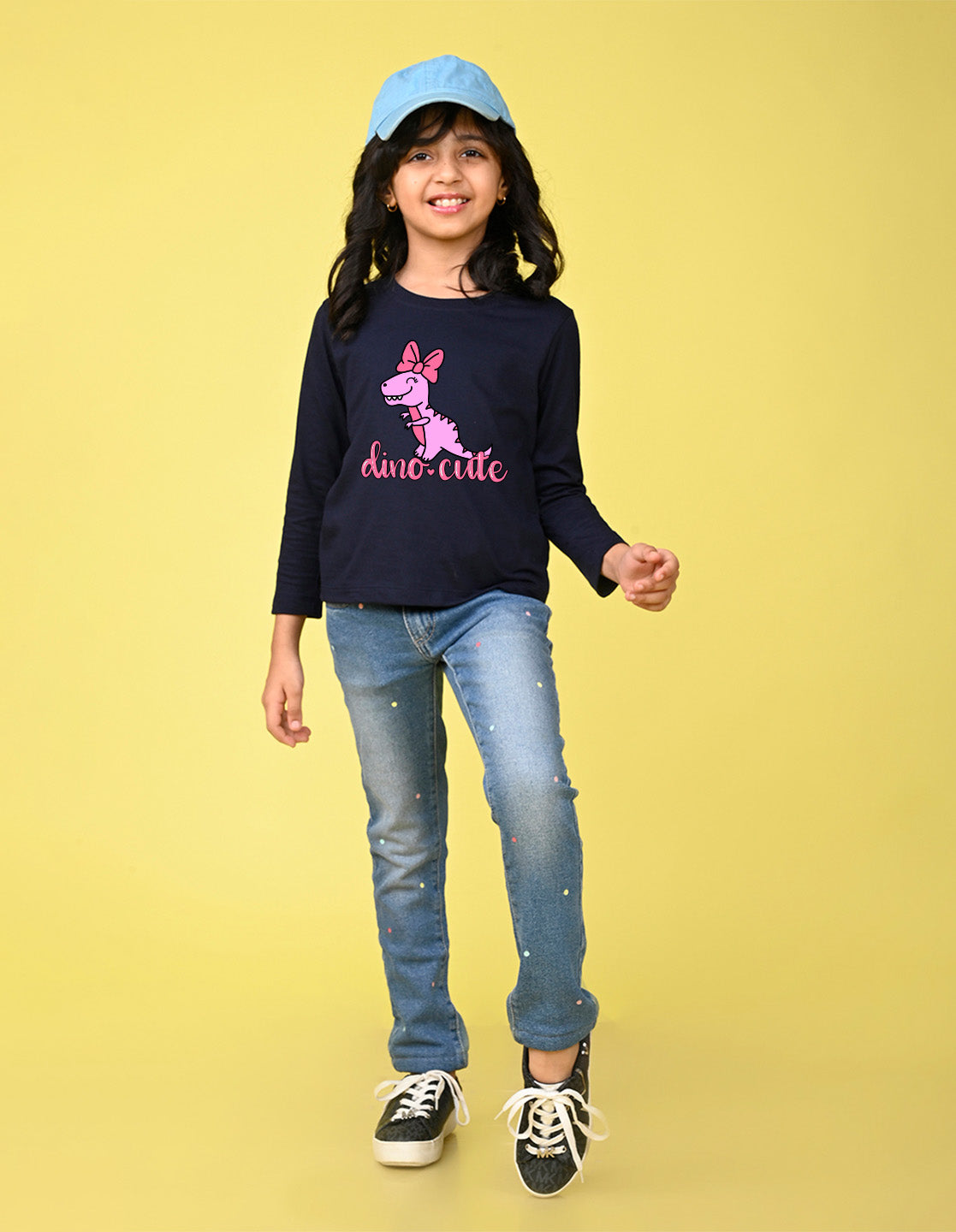 NUSYL Cotton blend full sleeves Dino cute text Printed Tee-Navy Blue