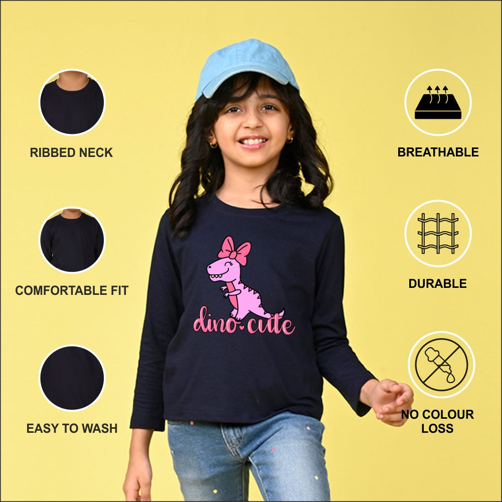 NUSYL Cotton blend full sleeves Dino cute text Printed Tee-Navy Blue