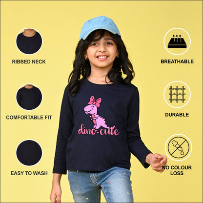 NUSYL Cotton blend full sleeves Dino cute text Printed Tee-Navy Blue