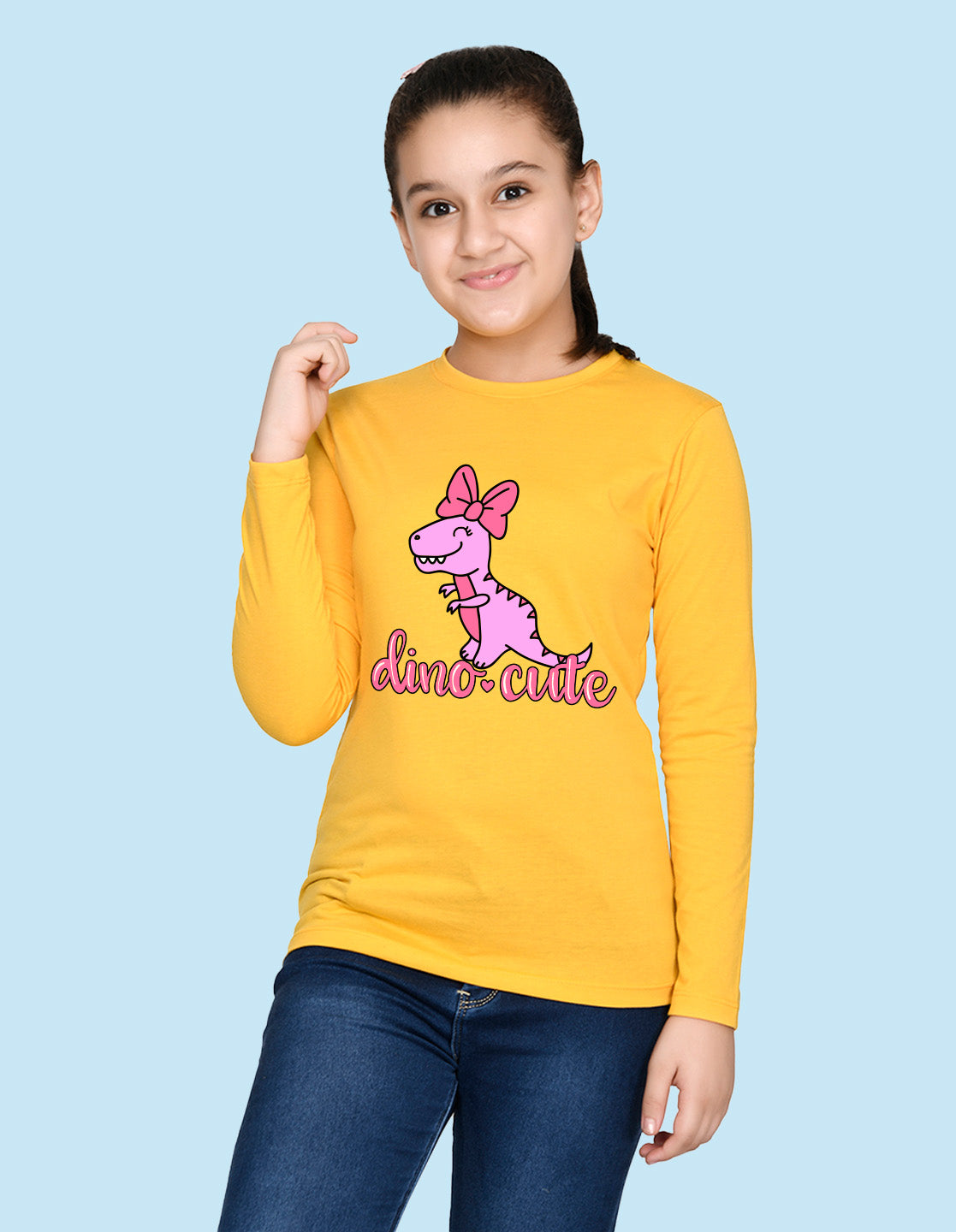 NUSYL Cotton blend full sleeves Dino cute text Printed Tee-Yellow