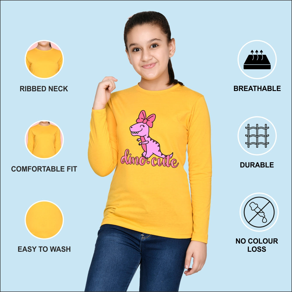 NUSYL Cotton blend full sleeves Dino cute text Printed Tee-Yellow