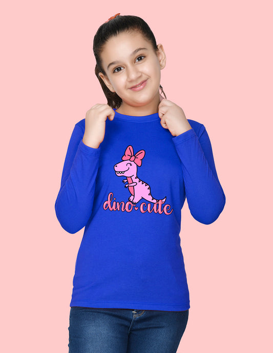 NUSYL Cotton blend full sleeves Dino cute text Printed Tee-Royal Blue