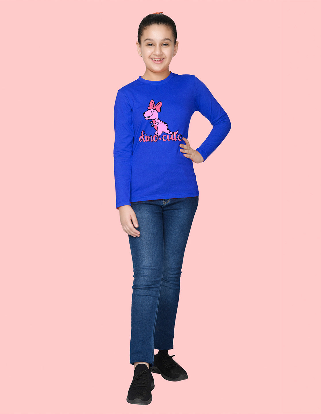NUSYL Cotton blend full sleeves Dino cute text Printed Tee-Royal Blue