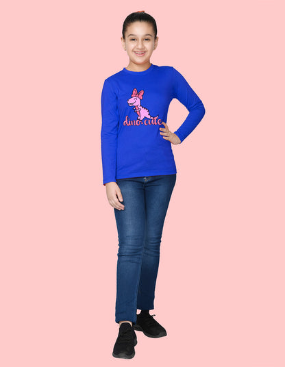 NUSYL Cotton blend full sleeves Dino cute text Printed Tee-Royal Blue