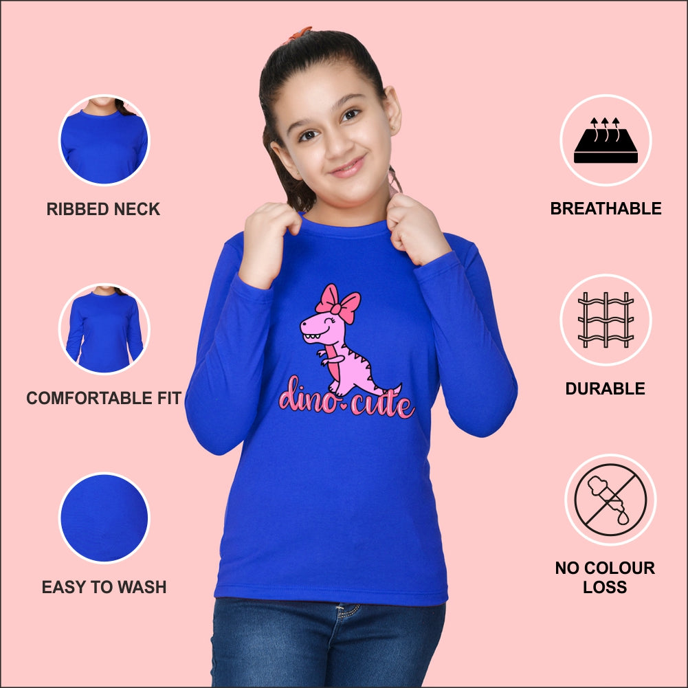 NUSYL Cotton blend full sleeves Dino cute text Printed Tee-Royal Blue