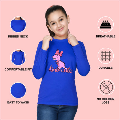 NUSYL Cotton blend full sleeves Dino cute text Printed Tee-Royal Blue