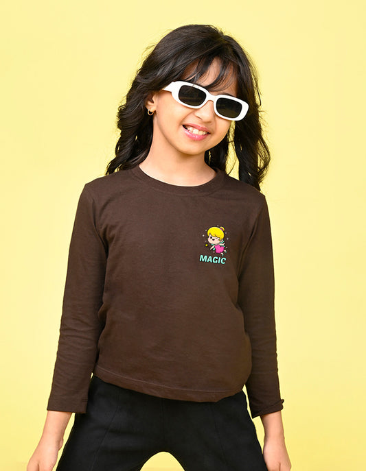 NUSYL Cotton blend full sleeves Magic text Printed Tee-Brown
