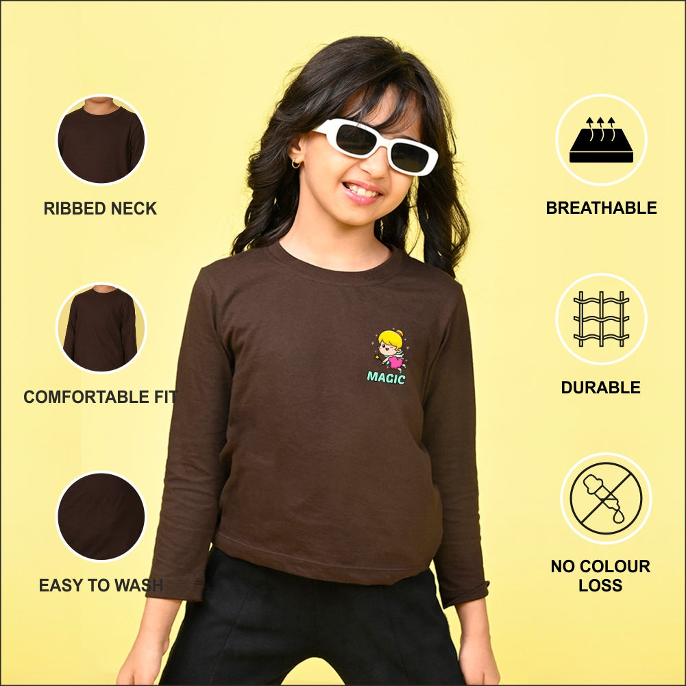 NUSYL Cotton blend full sleeves Magic text Printed Tee-Brown