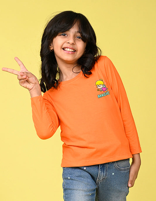 NUSYL Cotton blend full sleeves Magic text Printed Tee-Orange
