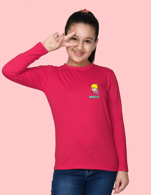 NUSYL Cotton blend full sleeves Magic text Printed Tee-Hot Pink