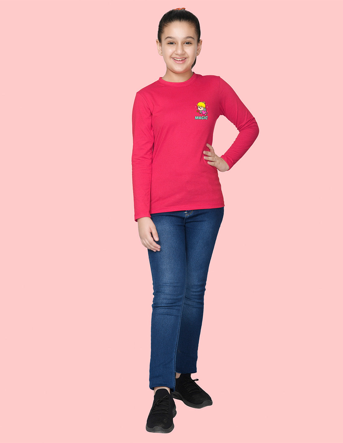 NUSYL Cotton blend full sleeves Magic text Printed Tee-Hot Pink