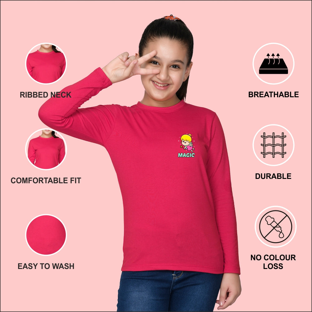 NUSYL Cotton blend full sleeves Magic text Printed Tee-Hot Pink